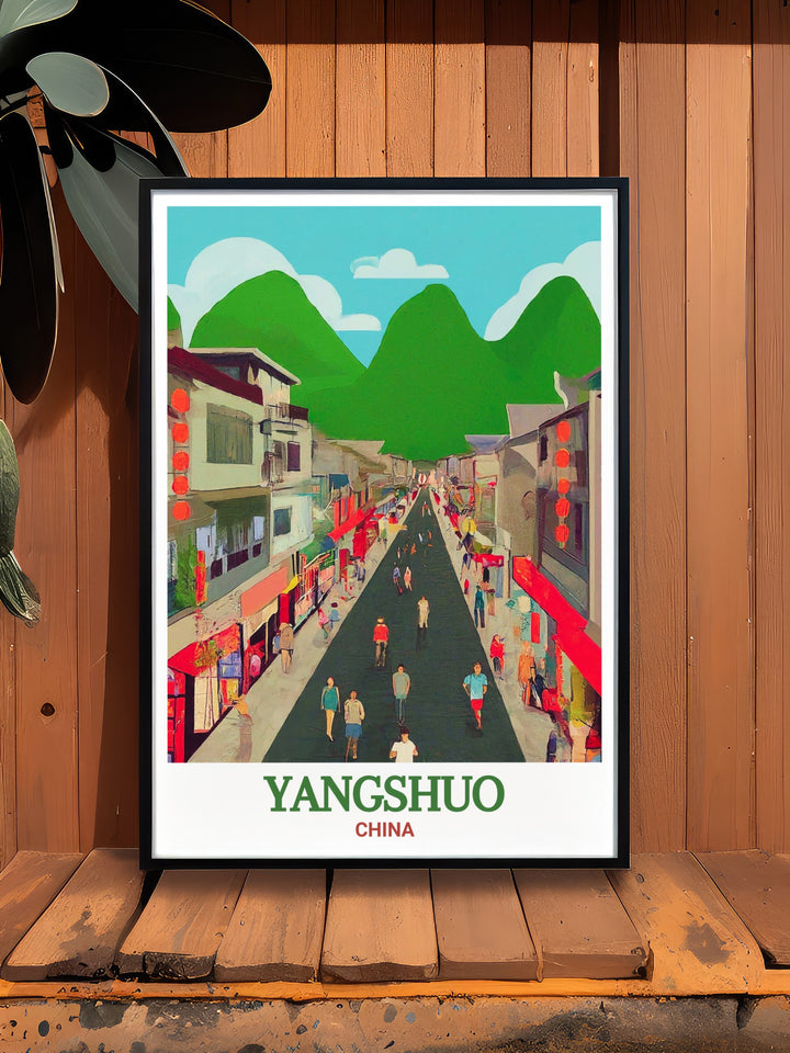 Art print of West Street in Yangshuo, bringing to life the busy atmosphere and cultural richness of one of Chinas most famous streets. Ideal for adding a travel inspired touch to any room.