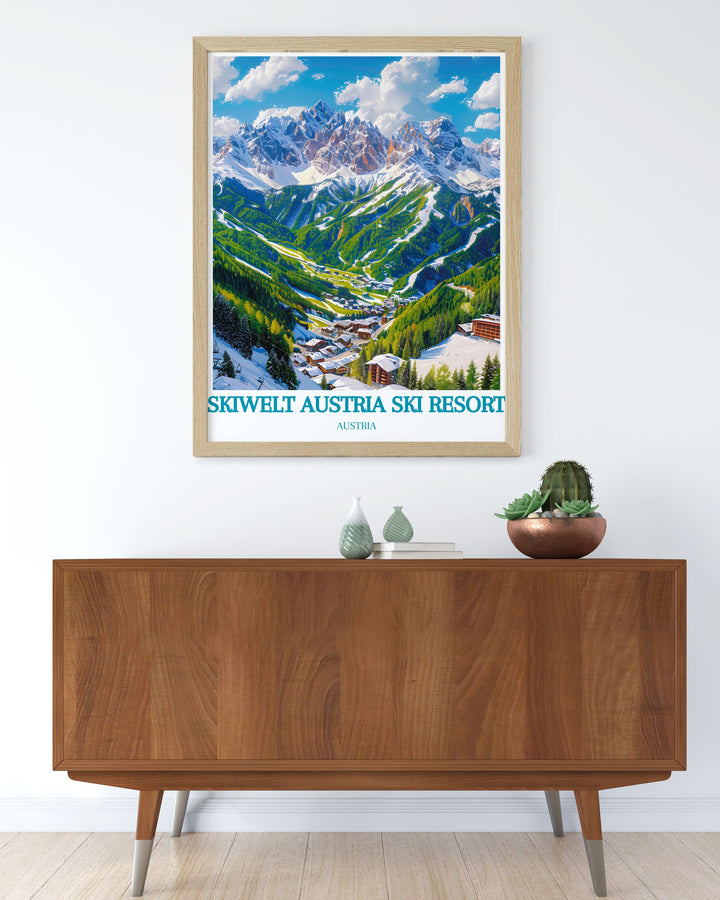 Bring the charm of the Austrian Alps into your home with this Ellmau Stunning Living Room Decor. The SkiWelt Austria Ski Resort Poster is a vintage masterpiece that complements modern spaces with its classic style and timeless appeal.