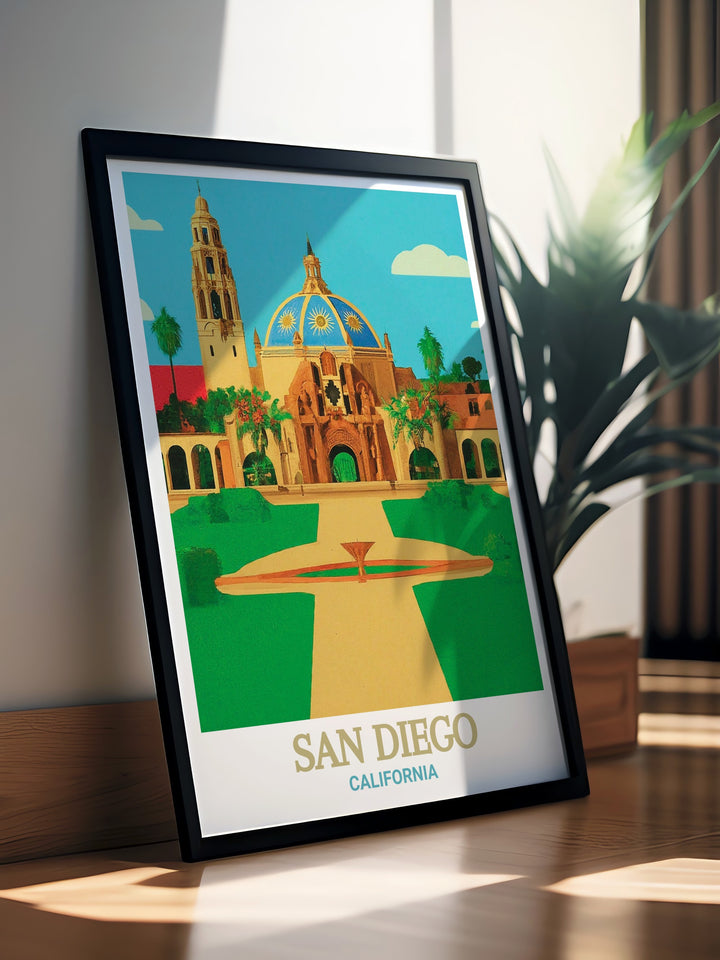 Art print of Balboa Park in San Diego, showcasing its intricate architectural details and lush landscapes. A stunning piece that celebrates the beauty of Californias iconic landmarks.