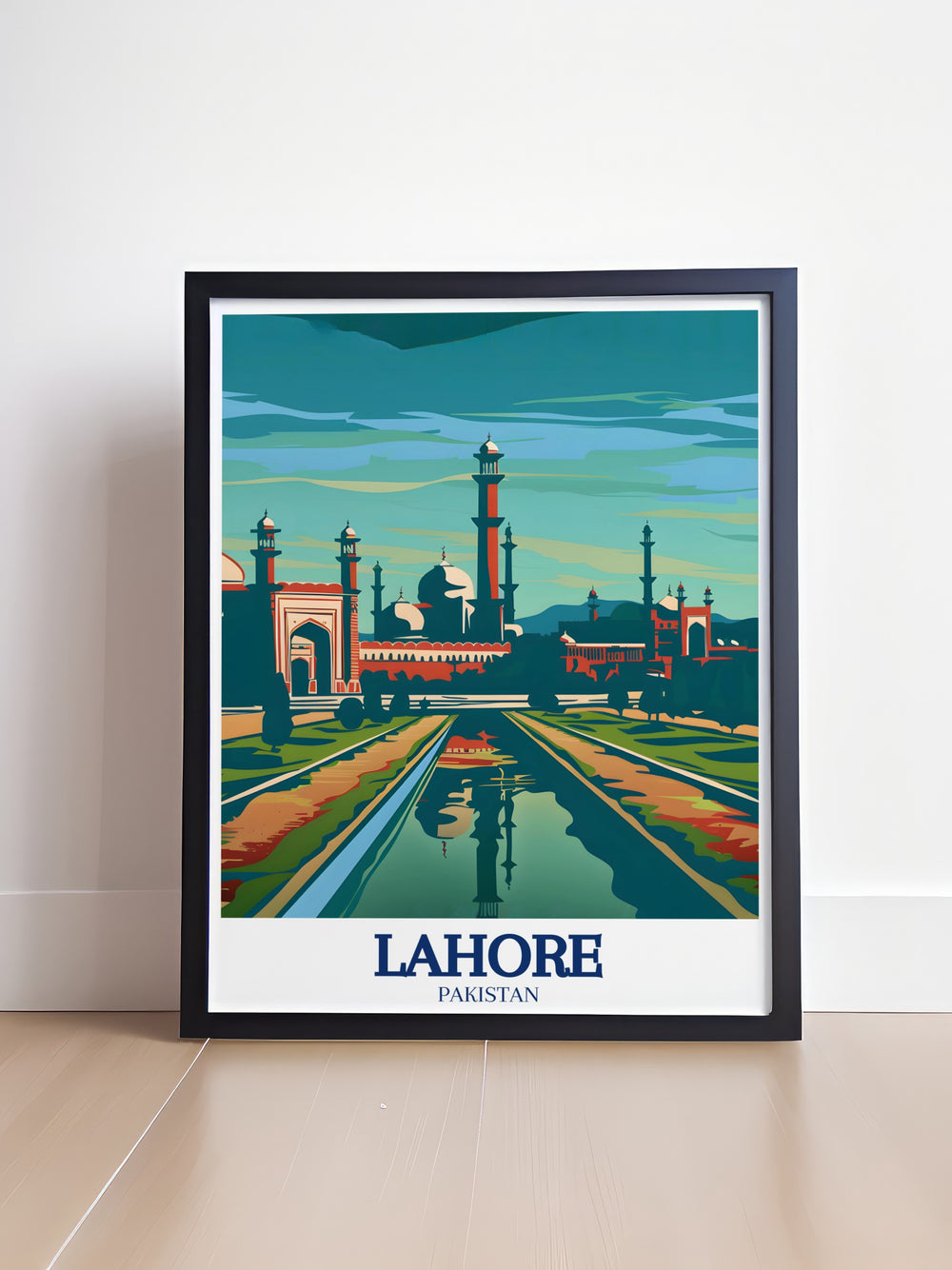 Artwork of Badshahi Mosque captures its grandiose architecture, highlighting the mosques significance as one of Lahores most iconic religious sites, ideal for spiritual and cultural decor.