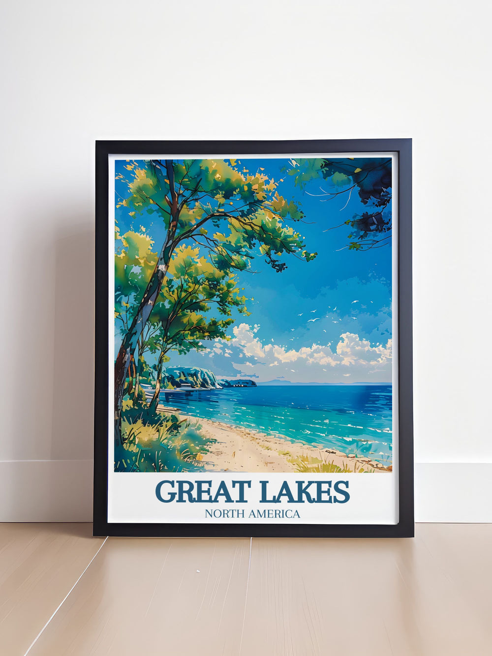 This travel poster features a detailed illustration of Lake Erie, showcasing its calm waters and picturesque shoreline, perfect for adding a touch of natural beauty to your home decor.