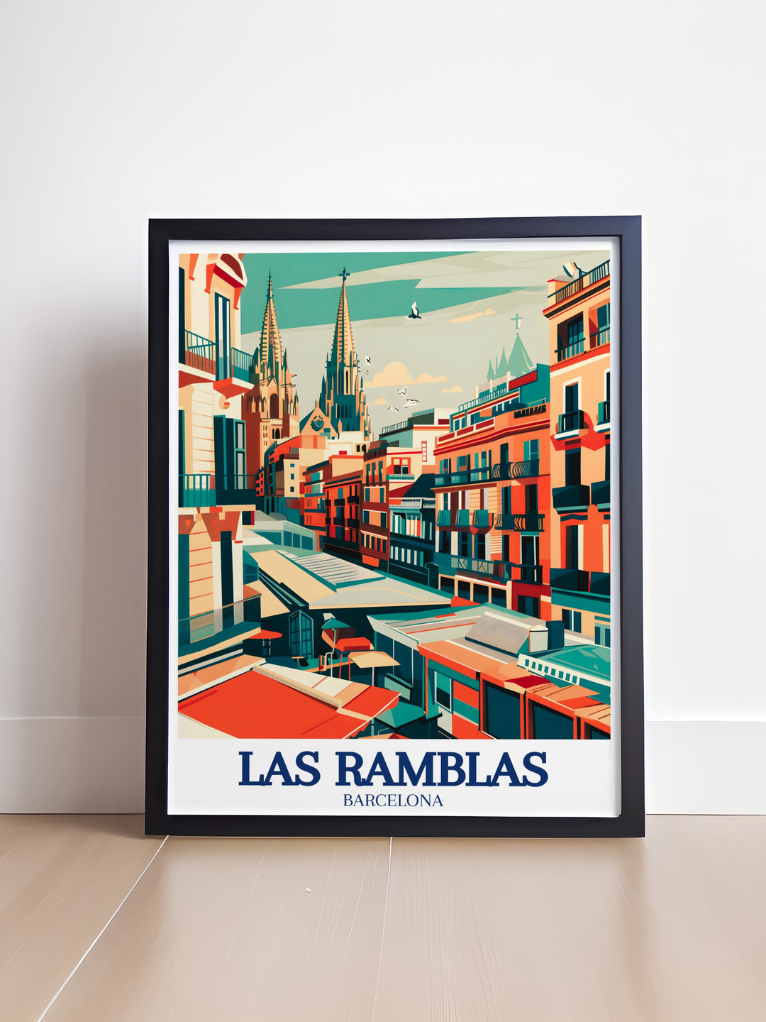 A colorful Spain travel print of La Boqueria Market, capturing the lively scene of Barcelonas most famous food market. With detailed depictions of the markets fresh produce and food stalls, this artwork is a perfect piece for art collectors, food enthusiasts, or anyone inspired by Spains culinary culture.