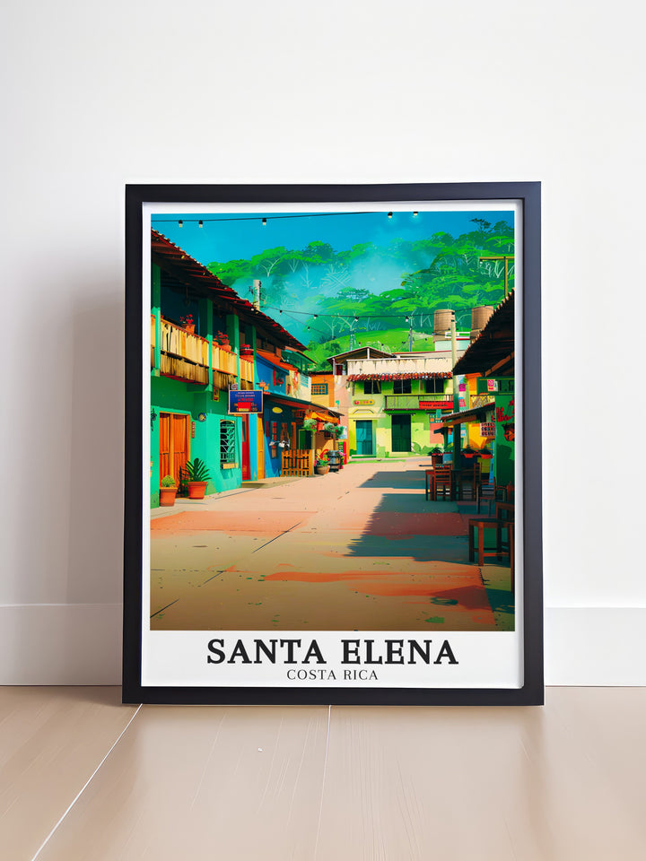 Santa Elena art poster highlighting Monteverde Cloud Forest Reserve and Central Plaza. The combination of the misty cloud forest and the lively Central Plaza creates a unique and captivating piece that is perfect for any Costa Rica gift or home decor collection.