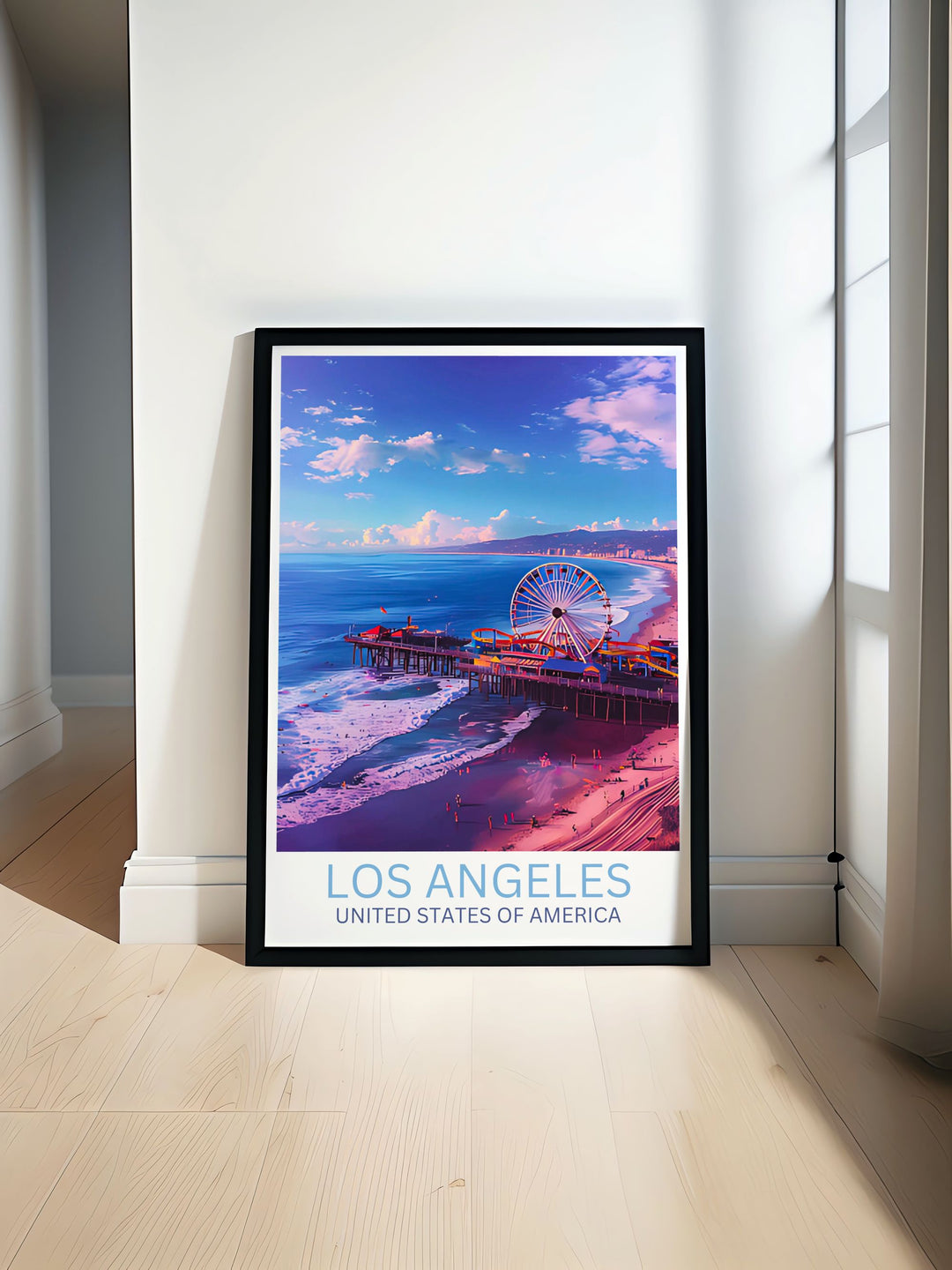 Santa Monica Pier Modern Print showcasing the iconic Ferris wheel and coastal views. This Los Angeles Wall Art adds a touch of California charm to your space and makes a perfect travel poster or gift.