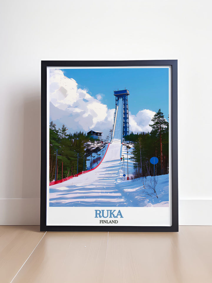 Add sophistication to your living room with Ruka Ski Jump Perfect Wall Decor featuring stunning prints of Ruka Finland and Levi Lapland Finland perfect for those who appreciate modern Scandinavian design