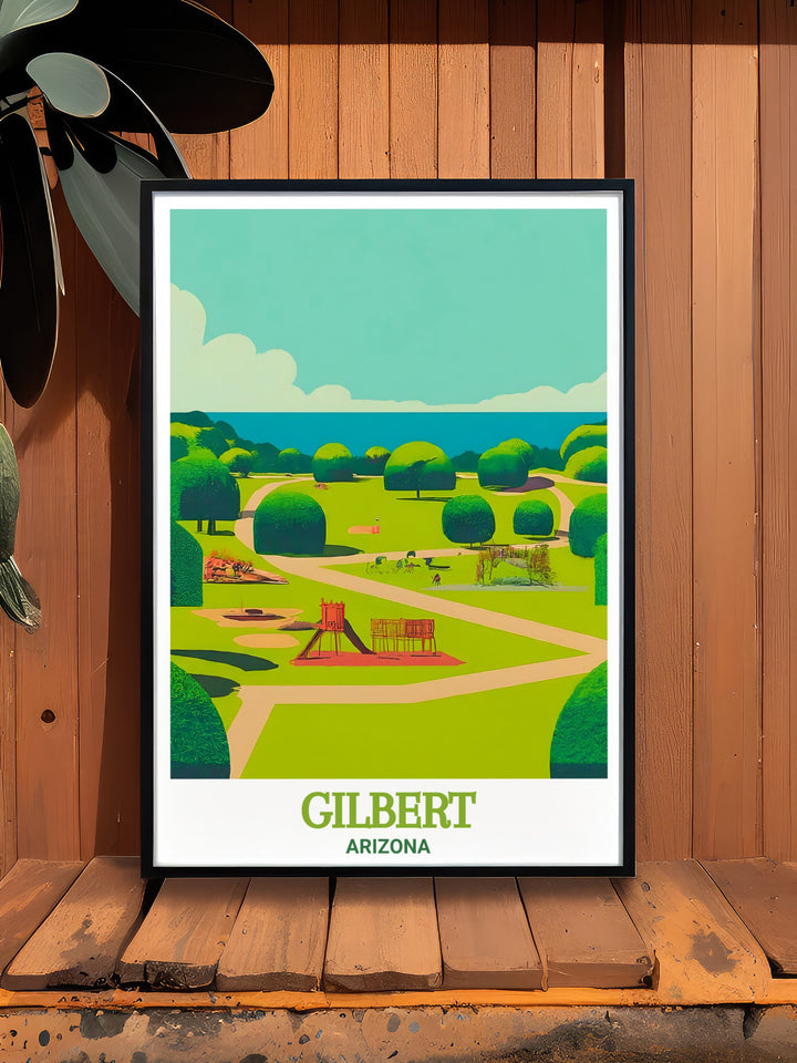 Freestone Park comes alive in this Arizona travel print, featuring scenic lakes and open spaces. Ideal for lovers of Arizona wall art, this Gilbert poster is perfect for decorating your living space and making it a unique Arizona travel gift.