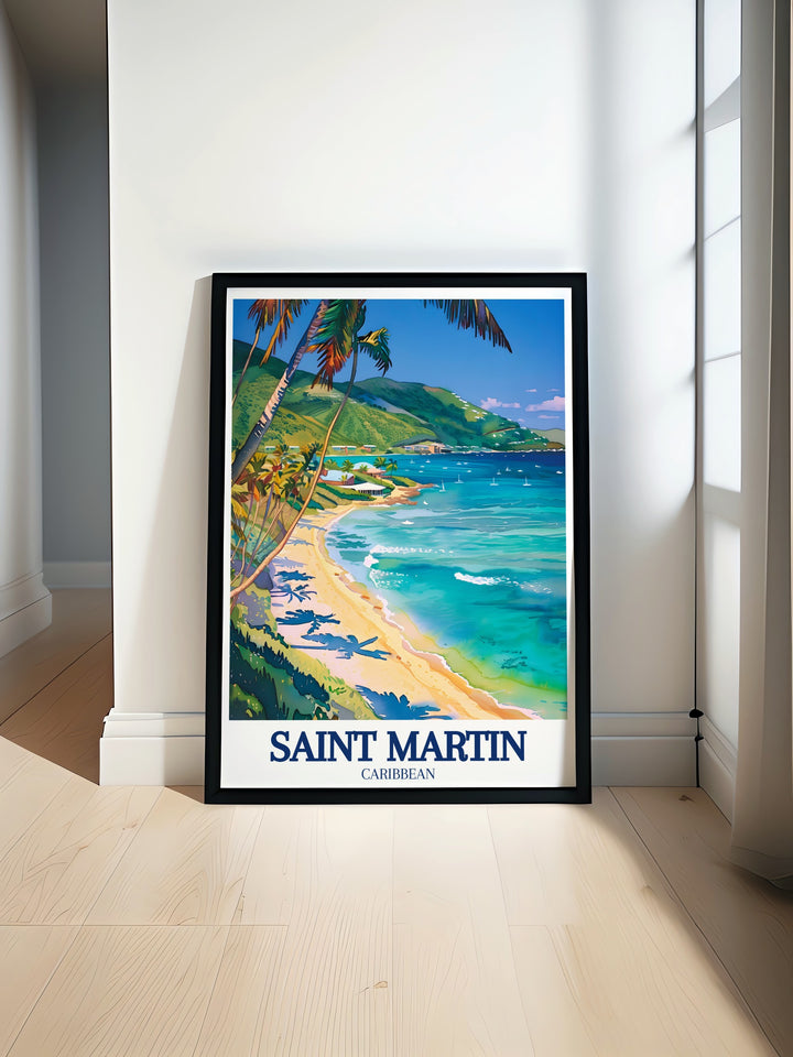 Vibrant wall art featuring Saint Martins Cul de Sac Bay, with a focus on the islands coastal charm and tropical appeal. This travel poster is a great gift for beach lovers and anyone who wants to capture the essence of the Caribbean in their home.