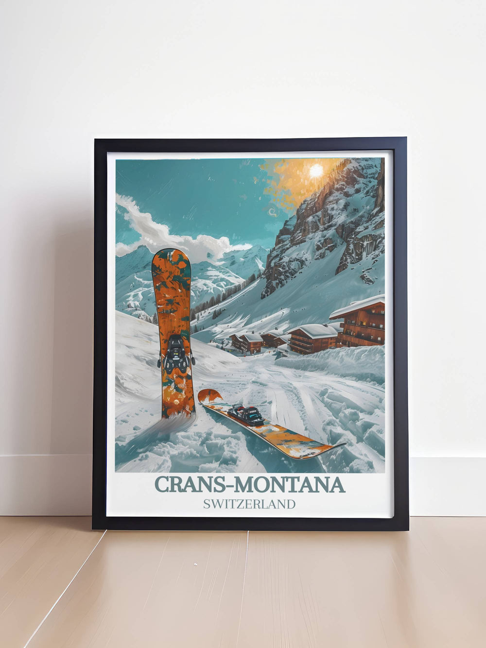 Vintage skiing print showcasing the beauty of Crans Montana Ski Resort and the Swiss Alps ideal for adding a touch of classic alpine charm to any room