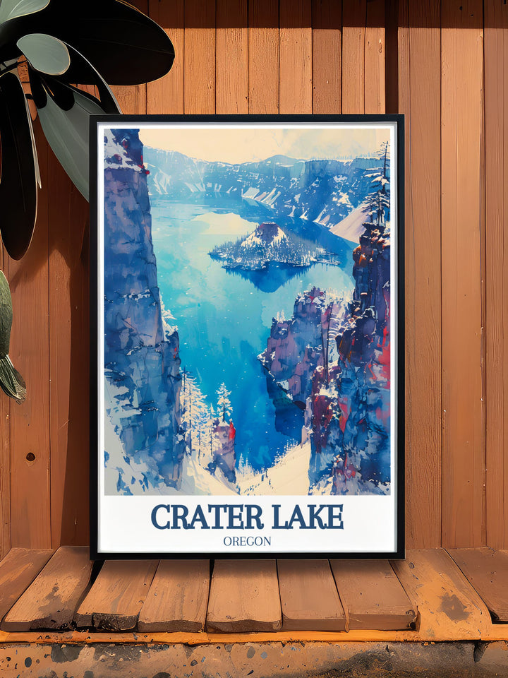 Featuring breathtaking views of Crater Lake and the iconic Wizard Island, this poster is perfect for those who wish to bring a piece of Oregons natural splendor and national park heritage into their home.