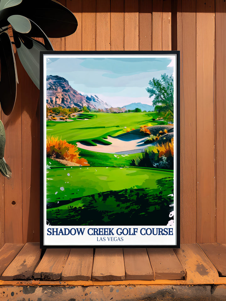 This canvas print showcases the grandeur of Shadow Creek Golf Course, with the Nevada desert stretching out and Black Mountain towering in the distance. The detailed artwork captures the unique blend of nature and sport, making it an ideal gift for golfers and art enthusiasts alike.