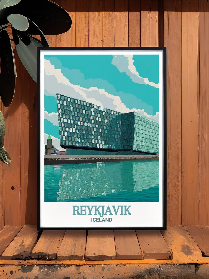 Harpa Concert Hall travel poster capturing the majestic beauty of Reykjaviks most famous concert hall, with its unique design and reflective glass surfaces. This detailed wall print is perfect for those who appreciate Icelands architectural and cultural treasures.