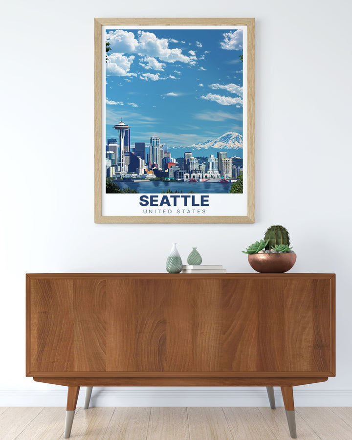 Skyline from Kerry Park Stunning Prints highlighting Seattles iconic skyline in a modern artistic style. Adds a dynamic element to home decor with its elegant depiction of the cityscape.