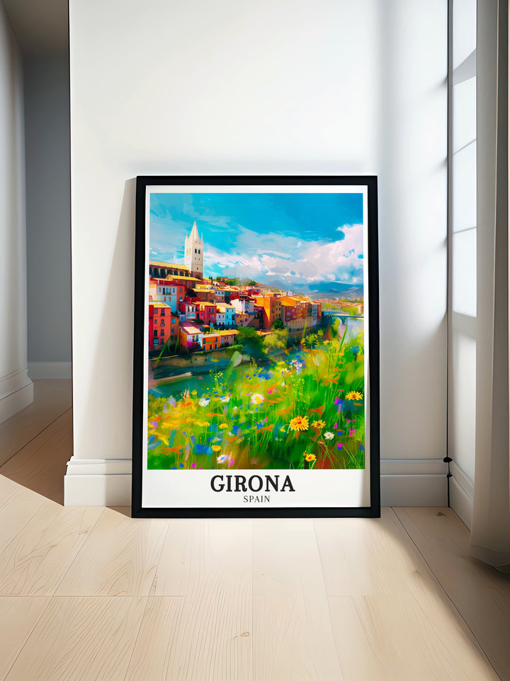 Elegant Girona travel gift featuring a detailed print of the Girona Cathedral and the Onyar River. This Spain wall art captures the historic elegance of the cathedral and the vibrant reflections in the river, perfect for adding a touch of Spanish charm to any room