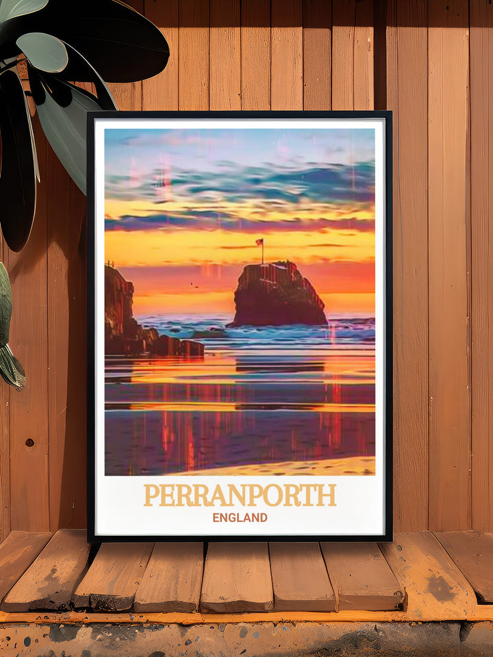 Beautiful Perranporth wall art showcasing the iconic Chapel Rock in England. Perfect for nature lovers and art enthusiasts. This detailed artwork brings the tranquility and splendor of the beach to life.