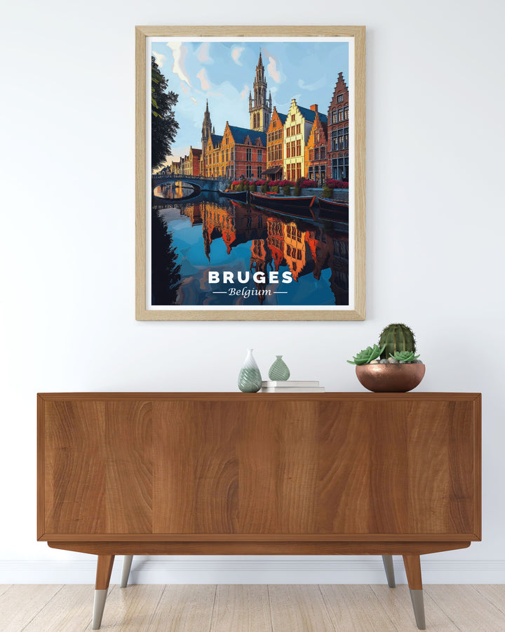 Enchanting canal scene travel poster highlighting the serene canals of Bruges Belgium. This vintage print captures the tranquil ambiance and historic charm of Bruges making it a perfect piece for home decor or a thoughtful gift.
