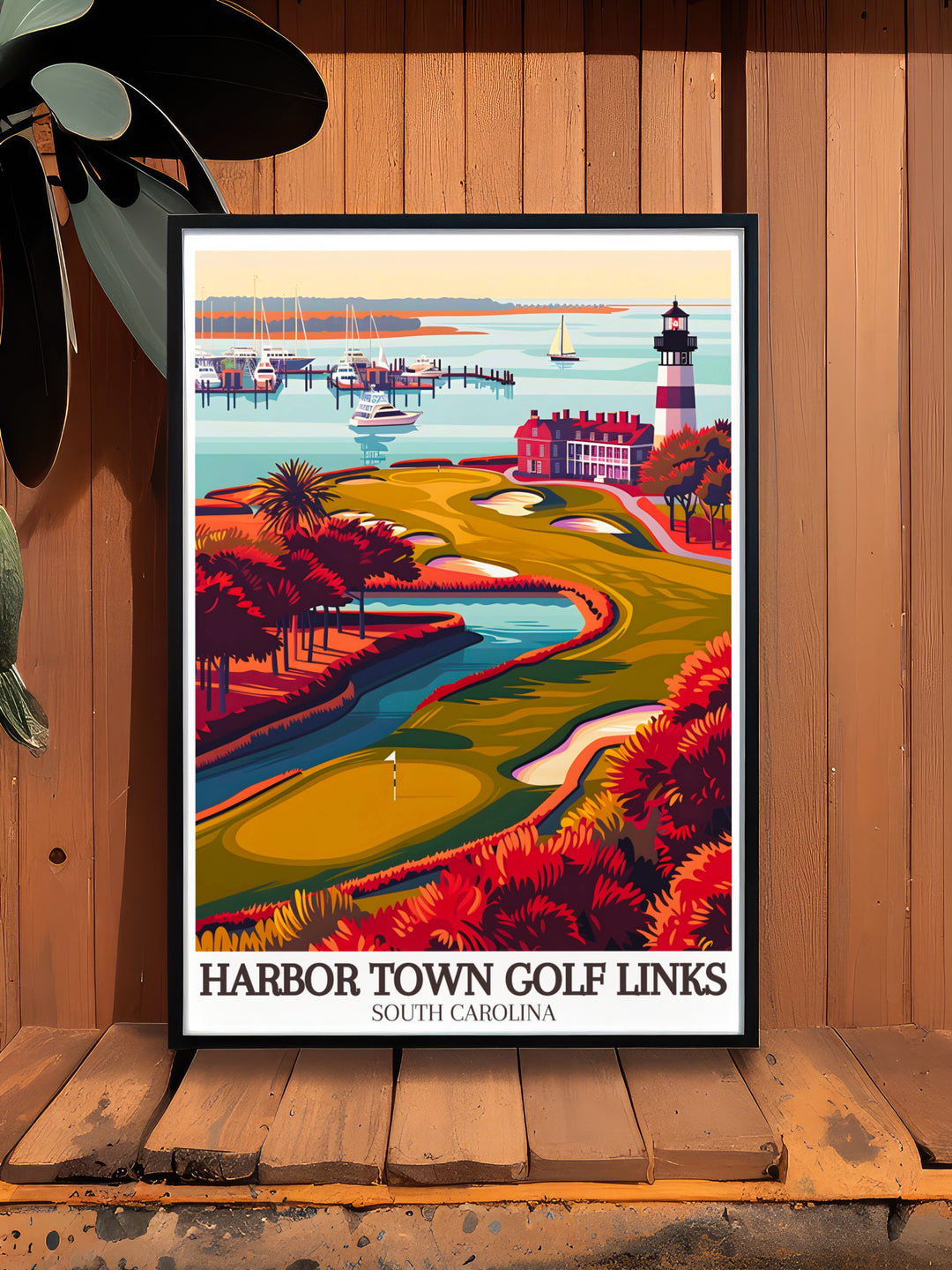 Featuring Harbor Towns famous 18th hole, this framed art piece brings the beauty and elegance of the Sea Pines Resort into your home. Perfect for golf enthusiasts, this artwork captures the excitement and challenge of one of golfs iconic moments.