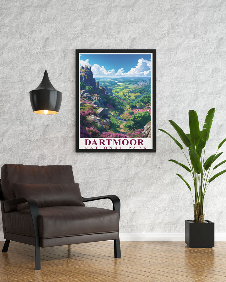 Vintage poster highlighting the serene views of Dartmoor, featuring the parks iconic ponies and dramatic rock formations, ideal for those who appreciate the wild beauty of the UKs national parks.