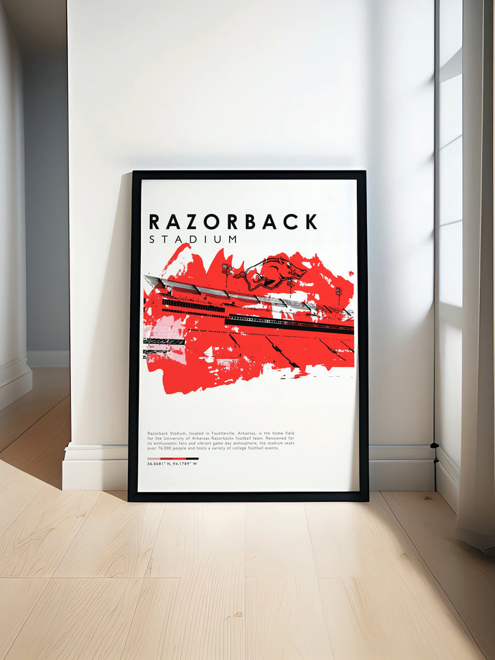 Experience the energy of Arkansas football with this vibrant Razorbacks print featuring Razorback Stadium perfect for college dorm decor and as a gift for Razorbacks fans celebrating the excitement of college football