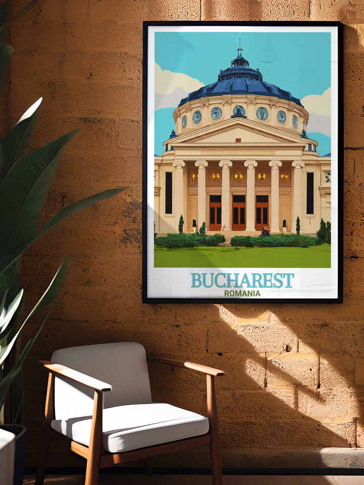 The Romania canvas art features the majestic Romanian Athenaeum and the surrounding cityscape of Bucharest. This travel poster brings the essence of Romanias cultural pride into your home, making it perfect for lovers of European architecture and Romanian heritage.