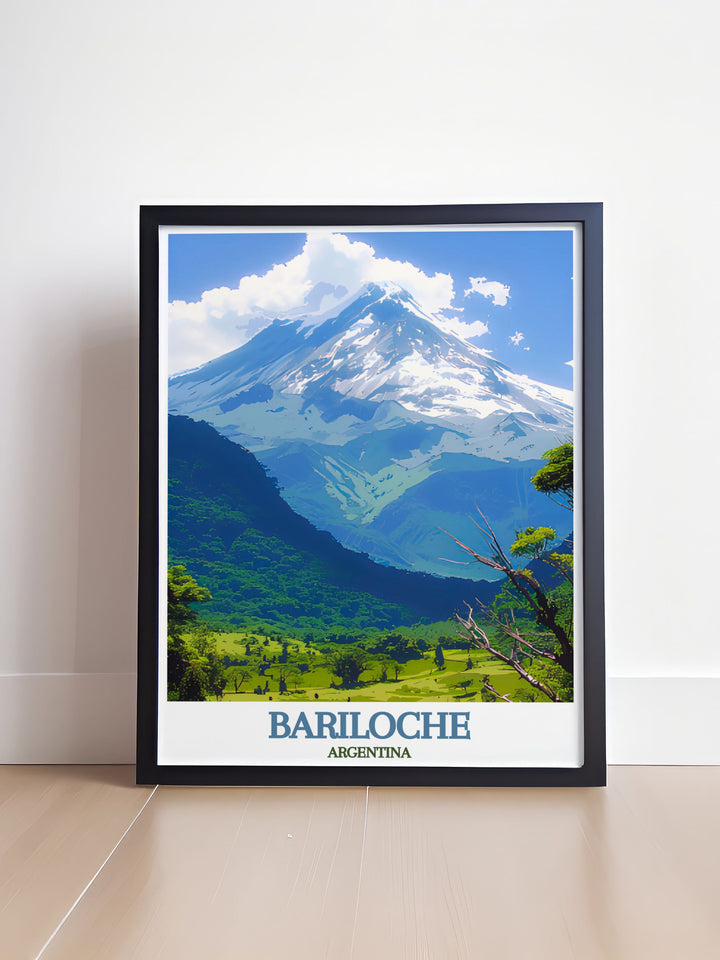 Captivating De Bariloche poster featuring the breathtaking Tronador Volcano and the picturesque town of San Carlos, showcasing Argentinas natural beauty and charm. Ideal for enhancing any living space with a touch of adventure.