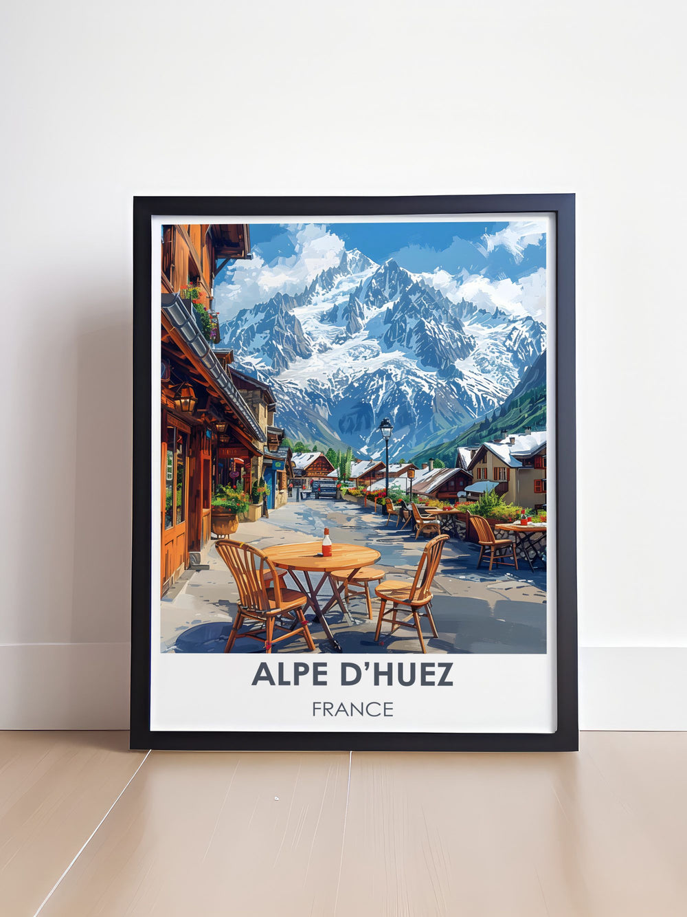 Vintage poster of LAlpe dHuez showcasing skiers and picturesque mountain views, perfect for lovers of retro ski art.