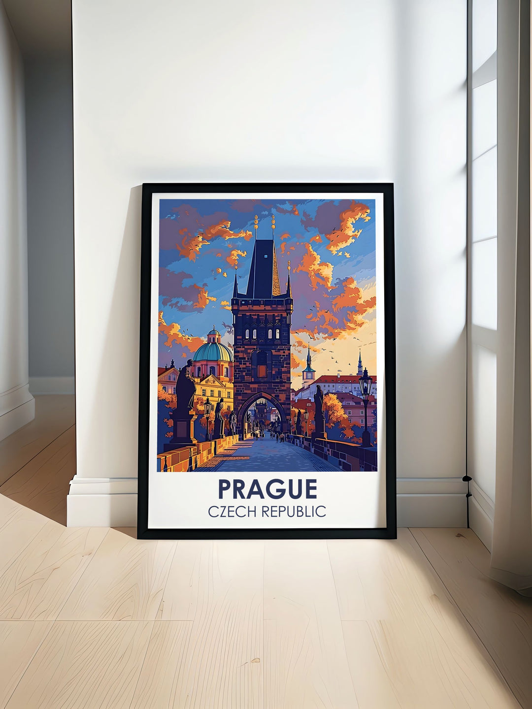 Charles Bridge Karluv Travel Poster featuring the iconic Prague landmark with stunning arches and historic statues. Perfect for Prague Wall Decor and Czech Republic Print enthusiasts. Enhance your home with this beautiful Prague Illustration.