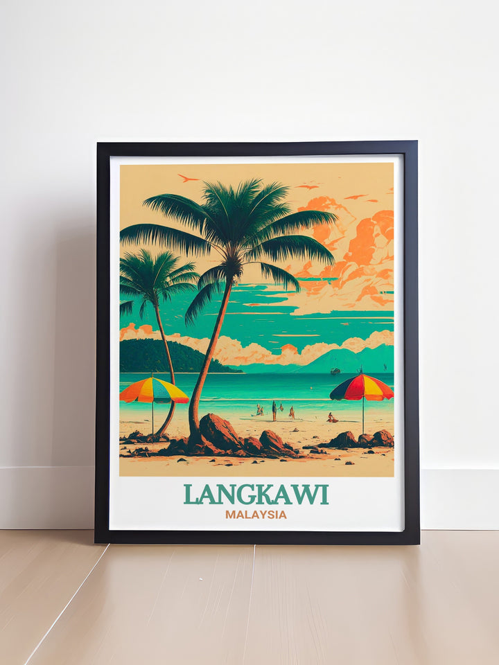 Langkawi skyline poster showcasing the beauty of Pantai Cenang beach in Malaysia. This detailed canvas art print features the beachs serene shoreline and tropical backdrop, offering a vibrant and colorful representation of Langkawi, perfect for any beach lovers decor.