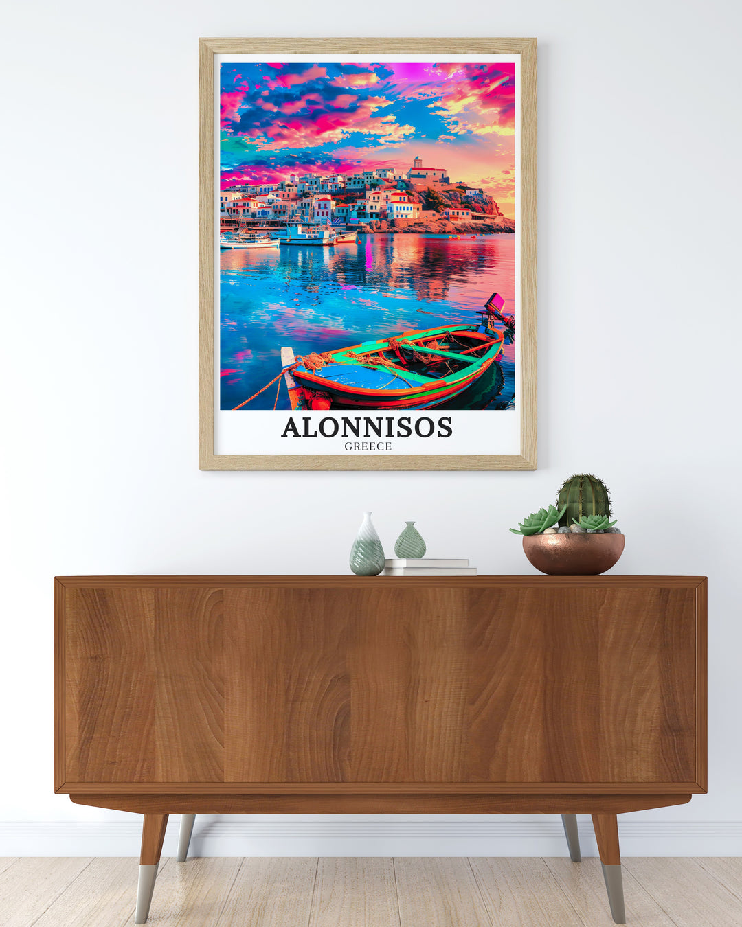 Alonnisos travel poster featuring the scenic Patitiri harbor and the winding streets of the Old Town. This detailed print captures the unique beauty of Alonnisos, making it ideal for travel lovers and art enthusiasts.