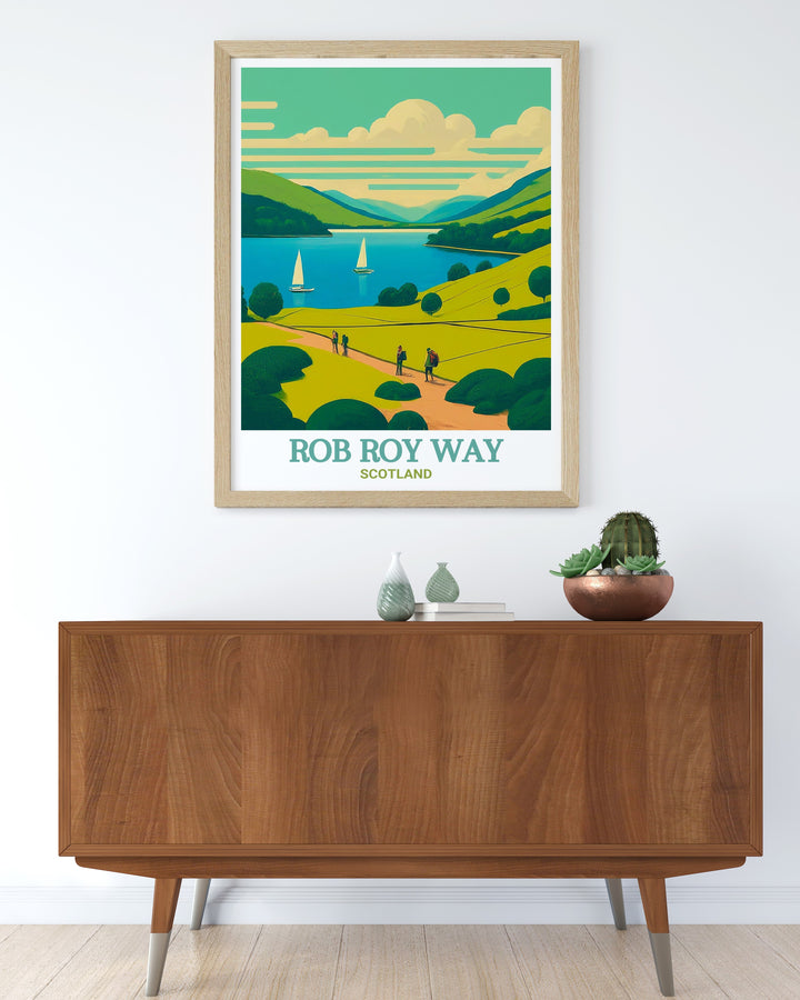 A beautiful travel print highlighting the iconic Rob Roy Way and Loch Ard, capturing Scotlands unique landscape. This canvas art is a great addition to your decor, offering a visual journey to the Highlands.