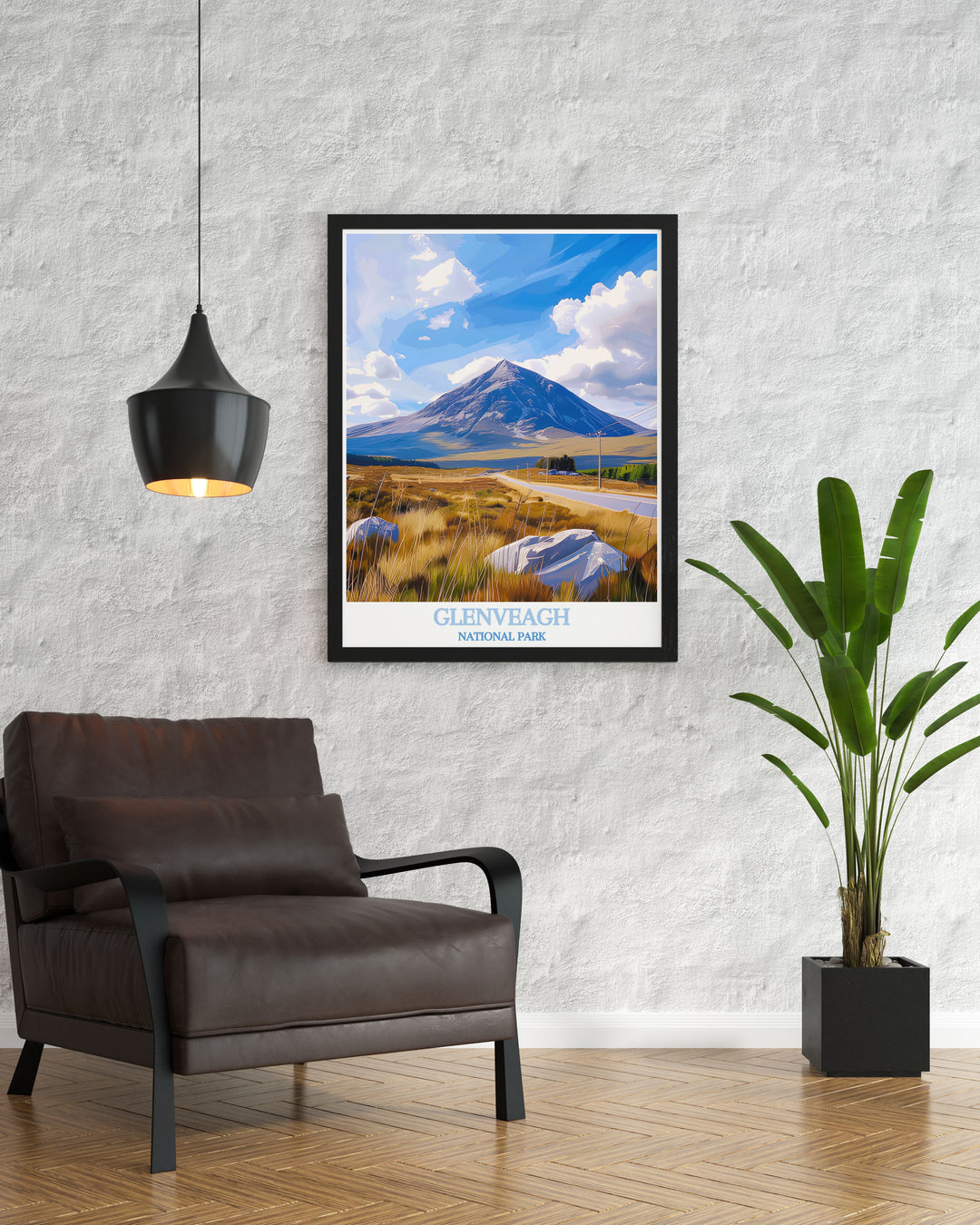 Modern wall decor of Glenveagh National Park, capturing the peaceful essence of Mount Errigal and the surrounding landscapes, perfect for bringing a piece of Irelands natural charm into your home.