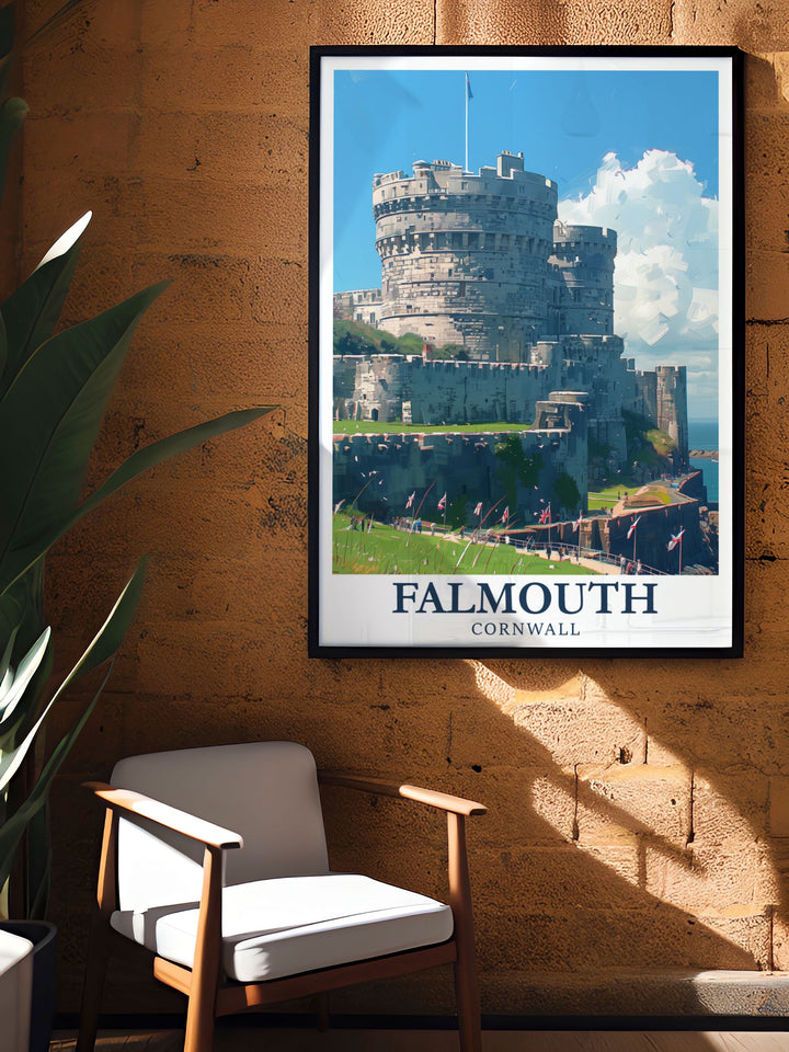 Pendennis Castle wall art featuring the historic site in Falmouth, Cornwall. This travel poster is perfect for decorating your home with a touch of Cornwalls rich heritage and stunning scenery.