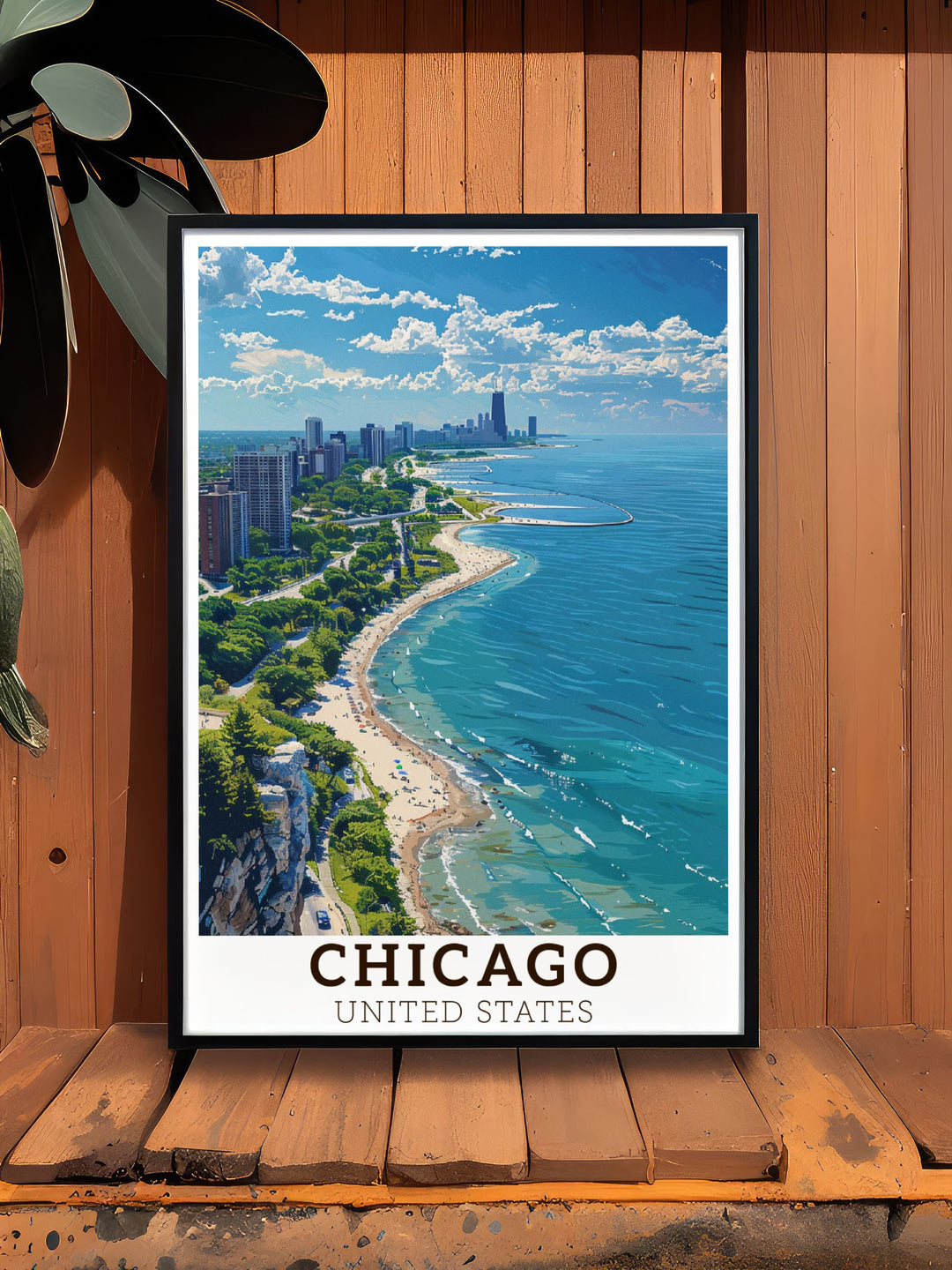 A captivating Chicago skyline poster with Lake Michigan offering a blend of urban and natural elements perfect for travel posters and personalized Chicago gifts.