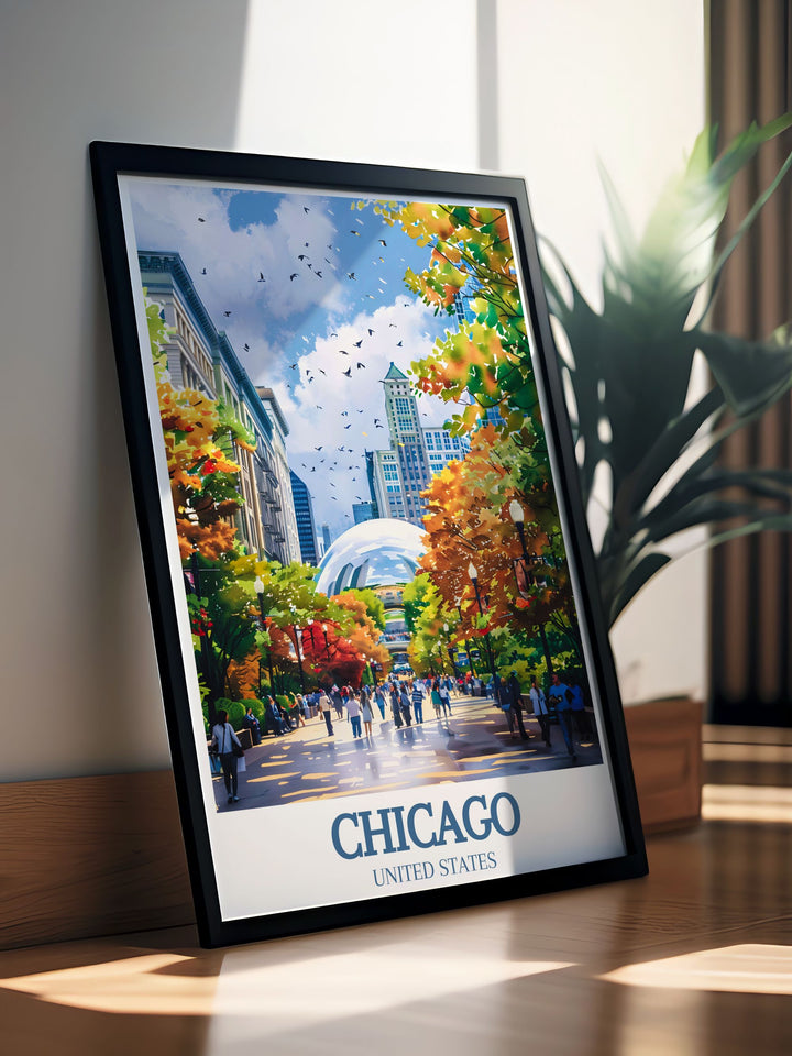 This Chicago travel poster brings the energetic streets of Millennium Park to life, perfect for those who love urban landscapes. Featuring the reflective elegance of Cloud Gate, this travel poster is perfect for those who appreciate Chicagos scenic and cultural richness.