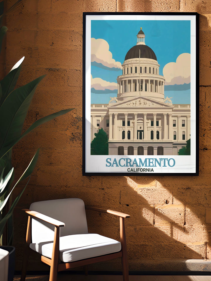 Modern Sacramento Print showcasing the California State Capito in a fine line street map design bringing a touch of sophistication and elegance to your home decor a perfect addition to any room.