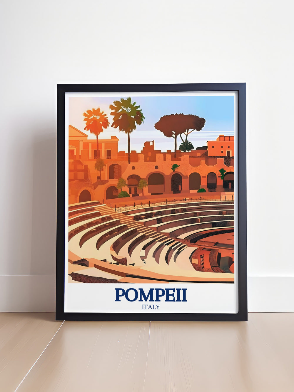 Pompeii travel poster showcasing the rich history of Pompeii, with a focus on the Herculaneum Gate and Amphitheatre. This detailed wall print is perfect for those who appreciate the beauty and significance of ancient Roman architecture and art.