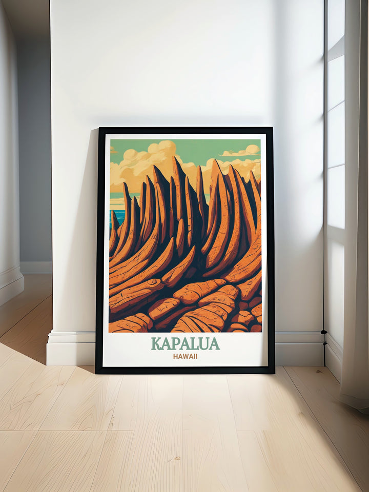 Kapalua Travel Print showcasing the serene Kapalua golf course and the rugged beauty of Dragons Teeth this Hawaii poster is perfect for modern decor enthusiasts featuring a vintage color palette and timeless design ideal for personalized gifts and stunning wall art