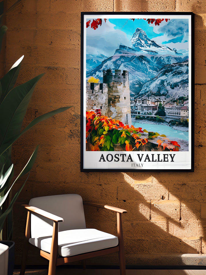 A wall print that brings together the beauty of Aosta Valley, Bard, and Monte Rosa in a single artwork. This Italy travel gift is perfect for those who love to explore and admire the natural wonders of Italy. The prints detailed representation of these landmarks makes it a unique and meaningful addition to any space, offering a glimpse into Italys rich landscape and heritage. Ideal for gifting to travelers and art lovers.