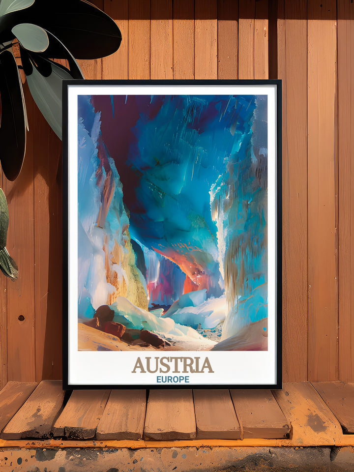 A striking Austria Travel Poster highlighting the mystical beauty of Eisriesenwelt Ice Cave. This Austria Wall Art is perfect for elegant home decor and makes an excellent gift for those who appreciate the beauty of nature and the finest art prints.