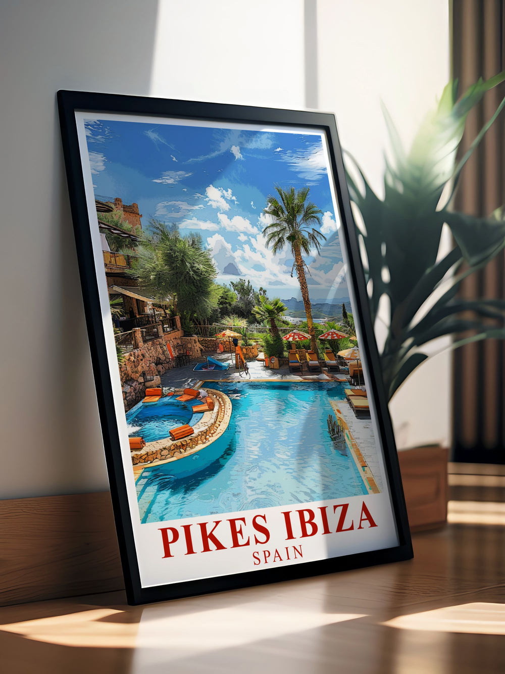 Enhance your home with our Pikes Ibiza Print featuring vibrant colors and intricate details perfect for Pool Area Framed Prints and Pool Area Modern Decor