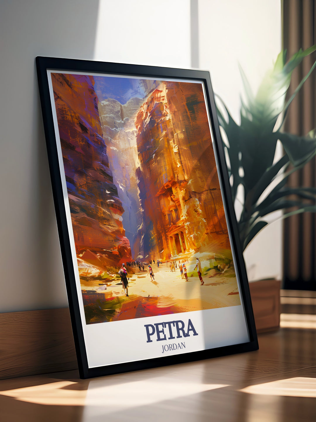 The Siq Canvas Art offering a view of the ancient passage leading to Petras Treasury, with its detailed rock cut façade. This travel print captures the mystery and beauty of Jordans lost city, perfect for adding a touch of adventure to any room.