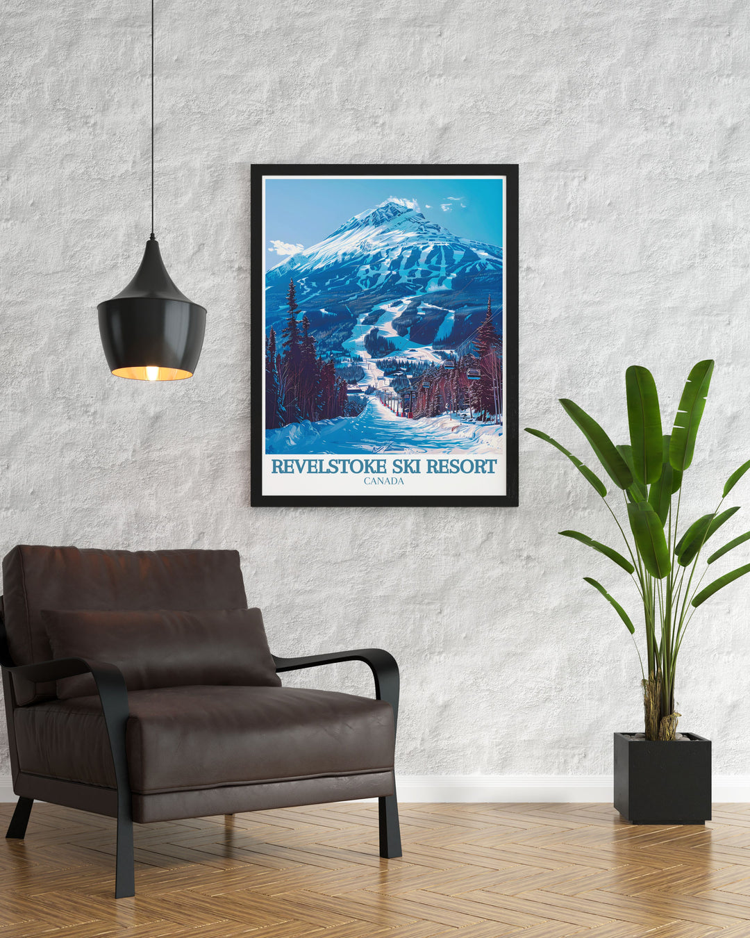 Ski Resort Print featuring Mount Mackenzie and the Revelation Gondola cable car. This artwork captures the thrill of skiing in Revelstoke Canada. Ideal for enhancing any space with a touch of British Columbias breathtaking scenery.