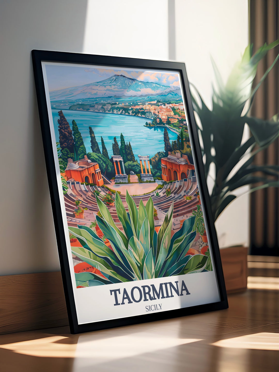 Taormina travel poster with stunning depiction of the Ancient Theatre of Taormina and Isola Bella. This Italy print captures the picturesque landscape and historic architecture of Taormina, making it a captivating piece of wall art for any room.