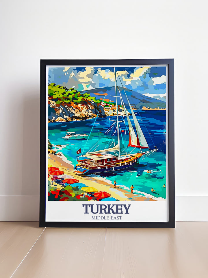 Highlighting the elegance of Turkeys Gulet sailboats, this framed art offers a calming scene of the Turquoise Coast. The artwork captures the essence of nautical exploration, making it an ideal addition to any coastal or travel themed décor.