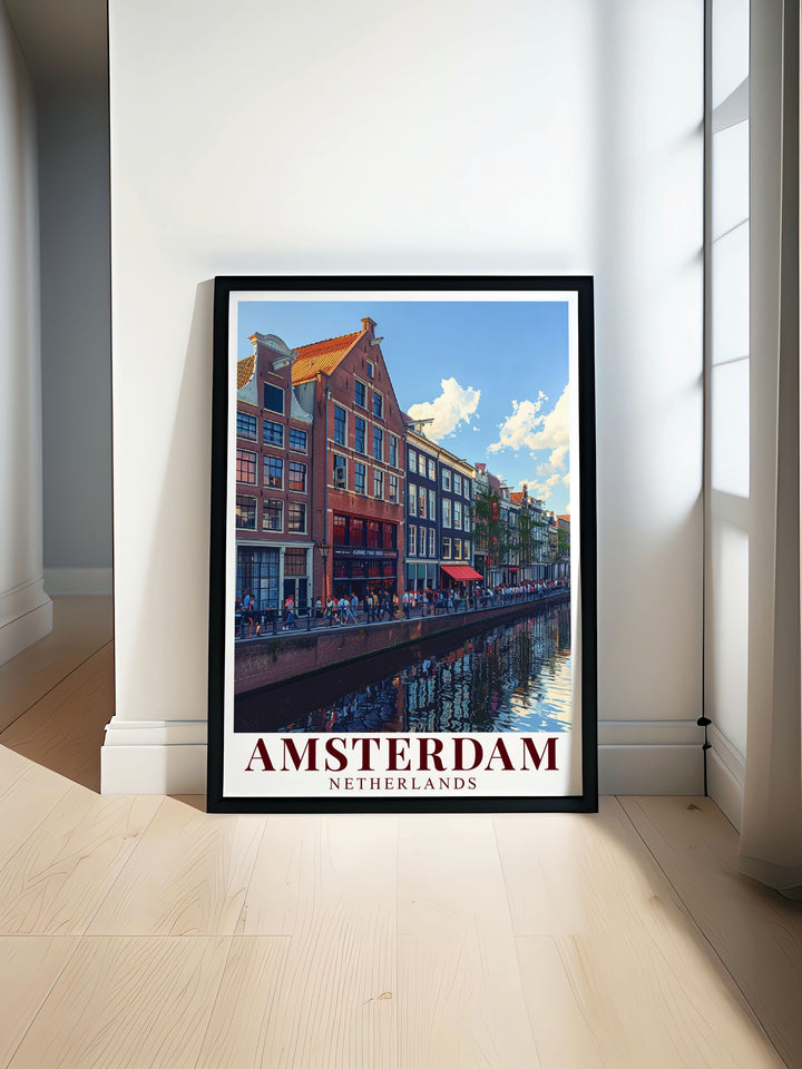 Beautiful Amsterdam print featuring the iconic Anne Frank House in vibrant colors. This Amsterdam wall art is perfect for home decor enthusiasts and art lovers. Ideal as a travel poster and city print, adding a touch of history and elegance to any room.