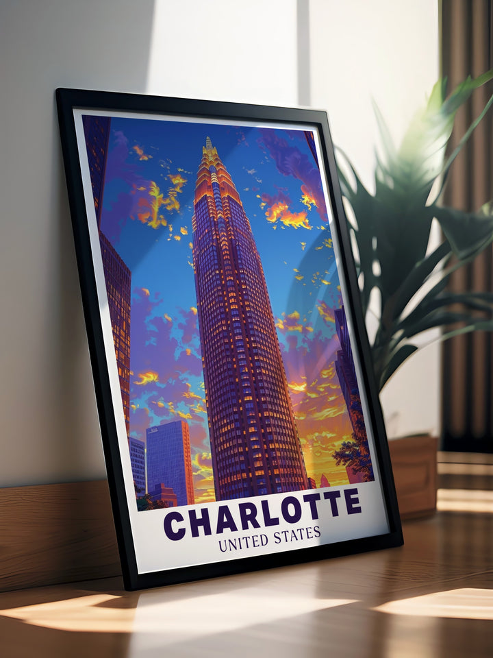 The Charlotte travel poster features a detailed illustration of the Bank of America Corporate Center, capturing the vibrant energy of the city. This fine line print is ideal for adding a modern touch to any room, reflecting Charlottes cultural and corporate significance. A great way to showcase your love for this southern gem.