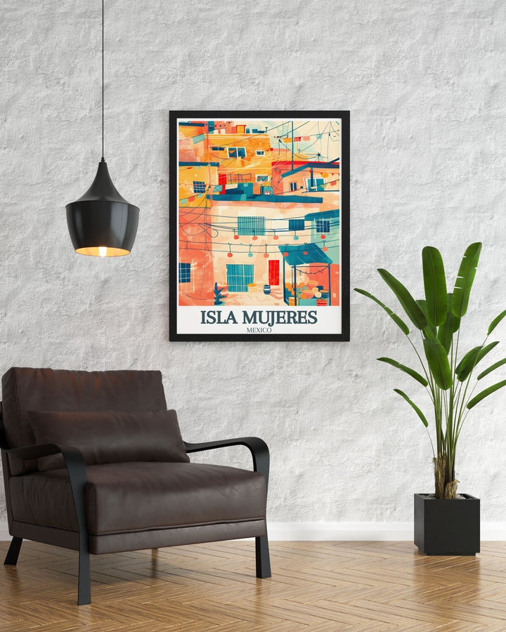 Isla Mujeres poster in black and white capturing the intricate details of Centro, Avenida Rueda Medina modern and elegant artwork suitable for any room in your home.