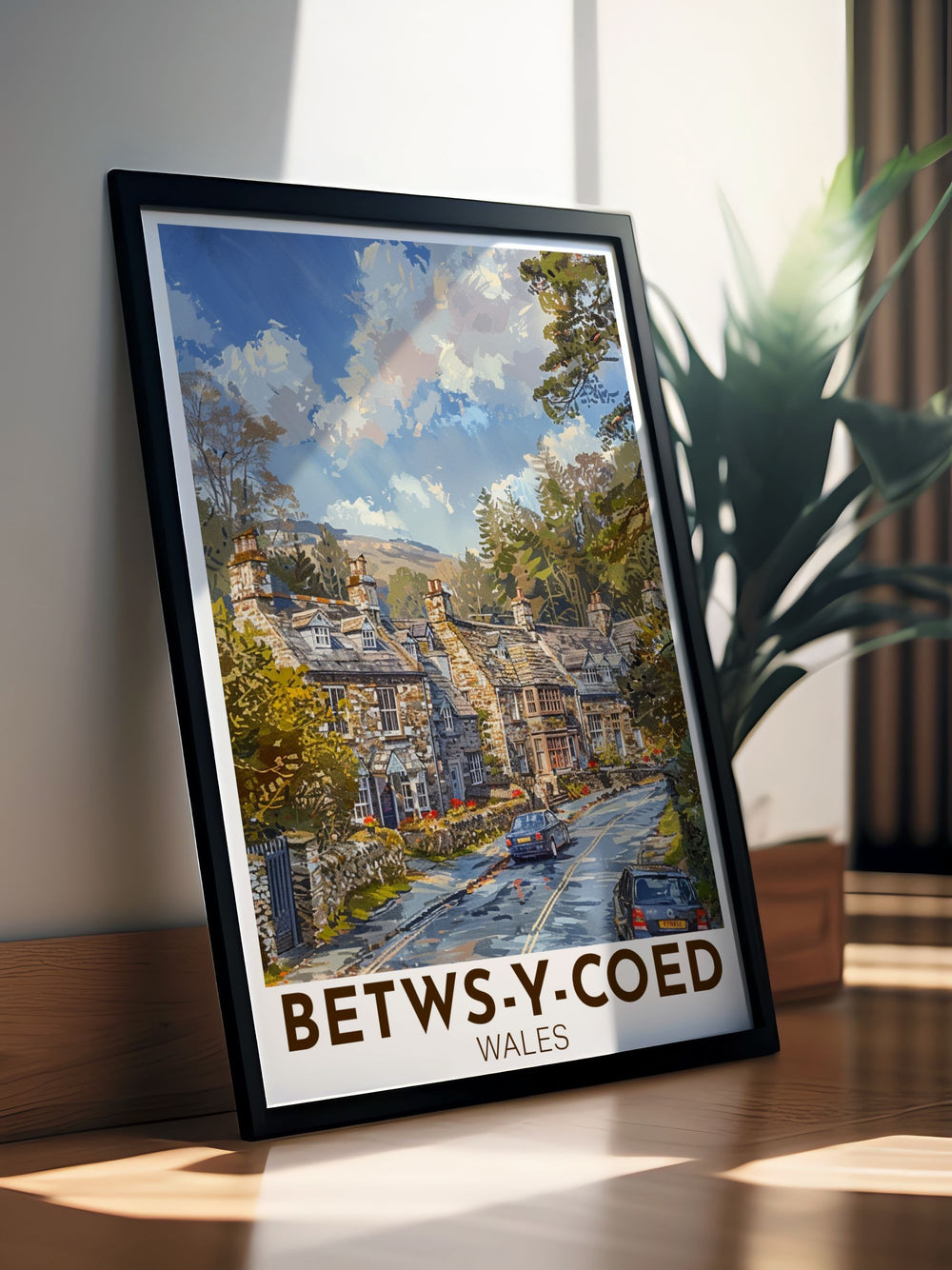 Beautiful Betws y Coed print showcasing the serene landscapes and iconic stone bridges of this picturesque Welsh village ideal for bringing a sense of tranquility to any living space or as a unique travel print for art enthusiasts.