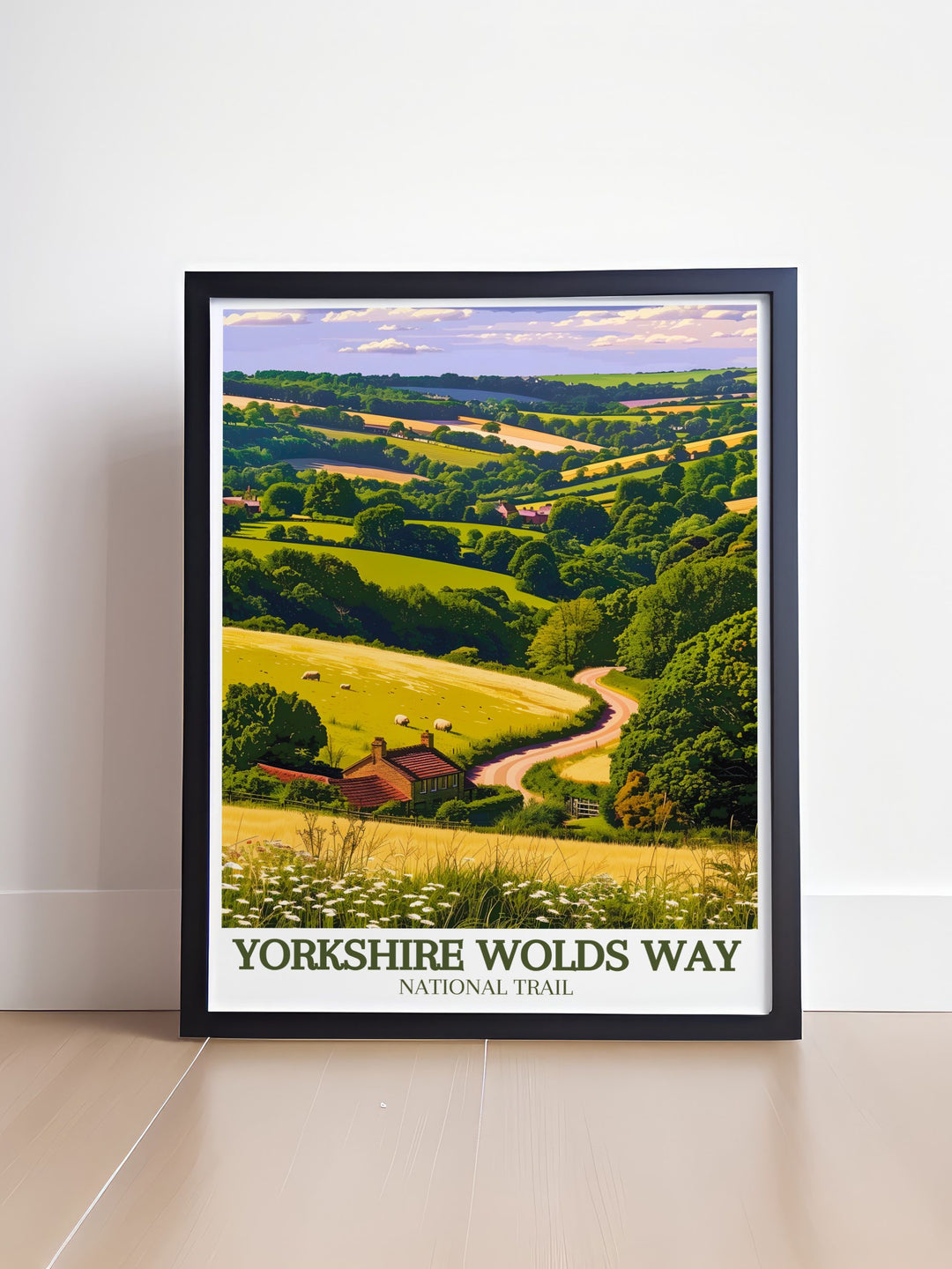 Modern wall decor featuring the picturesque landscapes of the Yorkshire Wolds Way. This print highlights the trails rolling hills, vibrant wildflower meadows, and tranquil paths, perfect for adding a contemporary touch of natural beauty to your home decor.