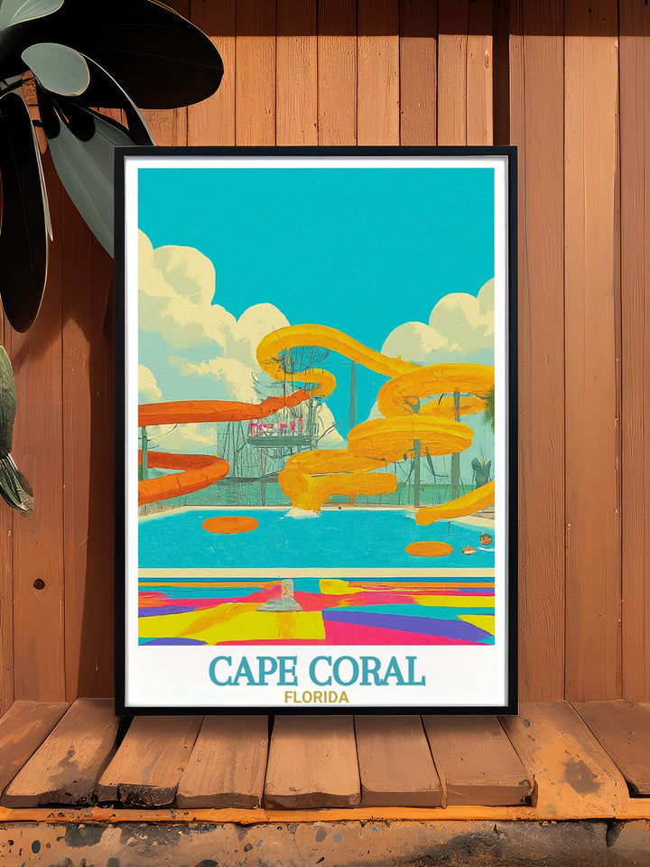 Captivating Cape Coral Poster featuring Sun Splash Family Waterpark vibrant and detailed travel print perfect for adding a touch of Floridian charm to any room and a great gift for families and adventure lovers.