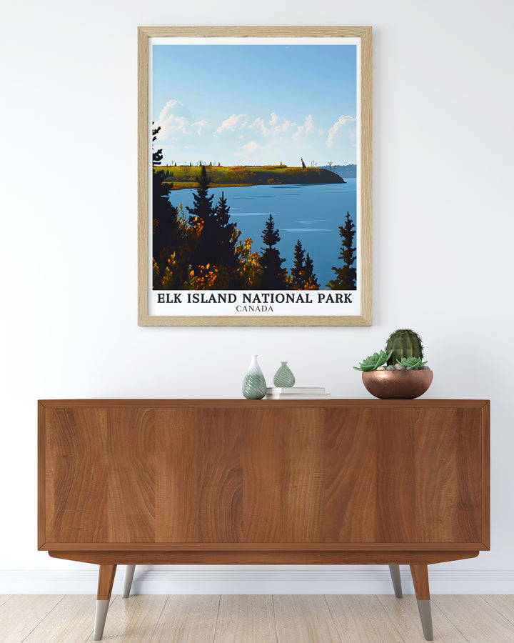 Elk Island National Park poster featuring Astotin Lake, where natures beauty is on full display. This travel art is ideal for those who have visited the park or dream of experiencing Canadas wilderness firsthand.